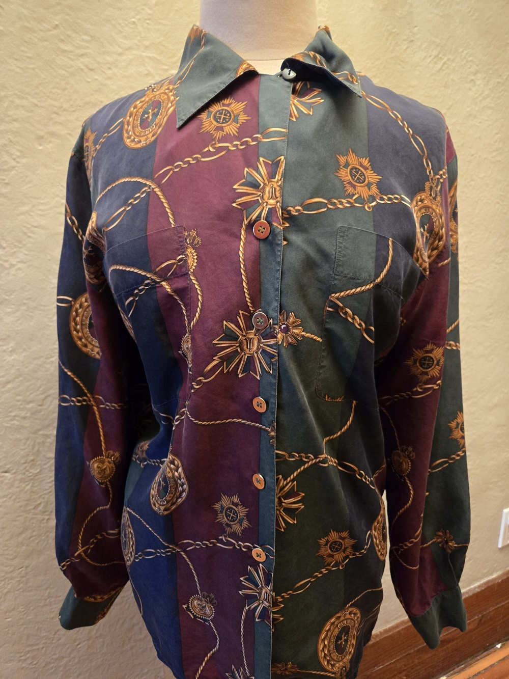 Vintage 100% Silk Button Up Shirt Equestrian Chain Print Ralph Lauren Style - Picture 10 of 10